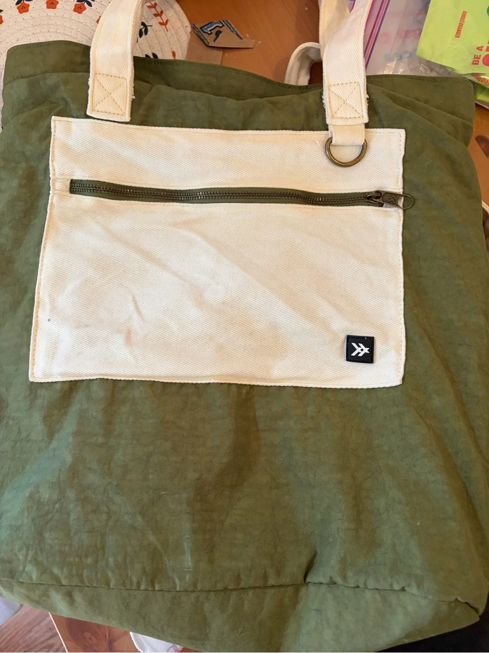 Canvas Two-Tone Tote Bag in Olive Green and Cream
